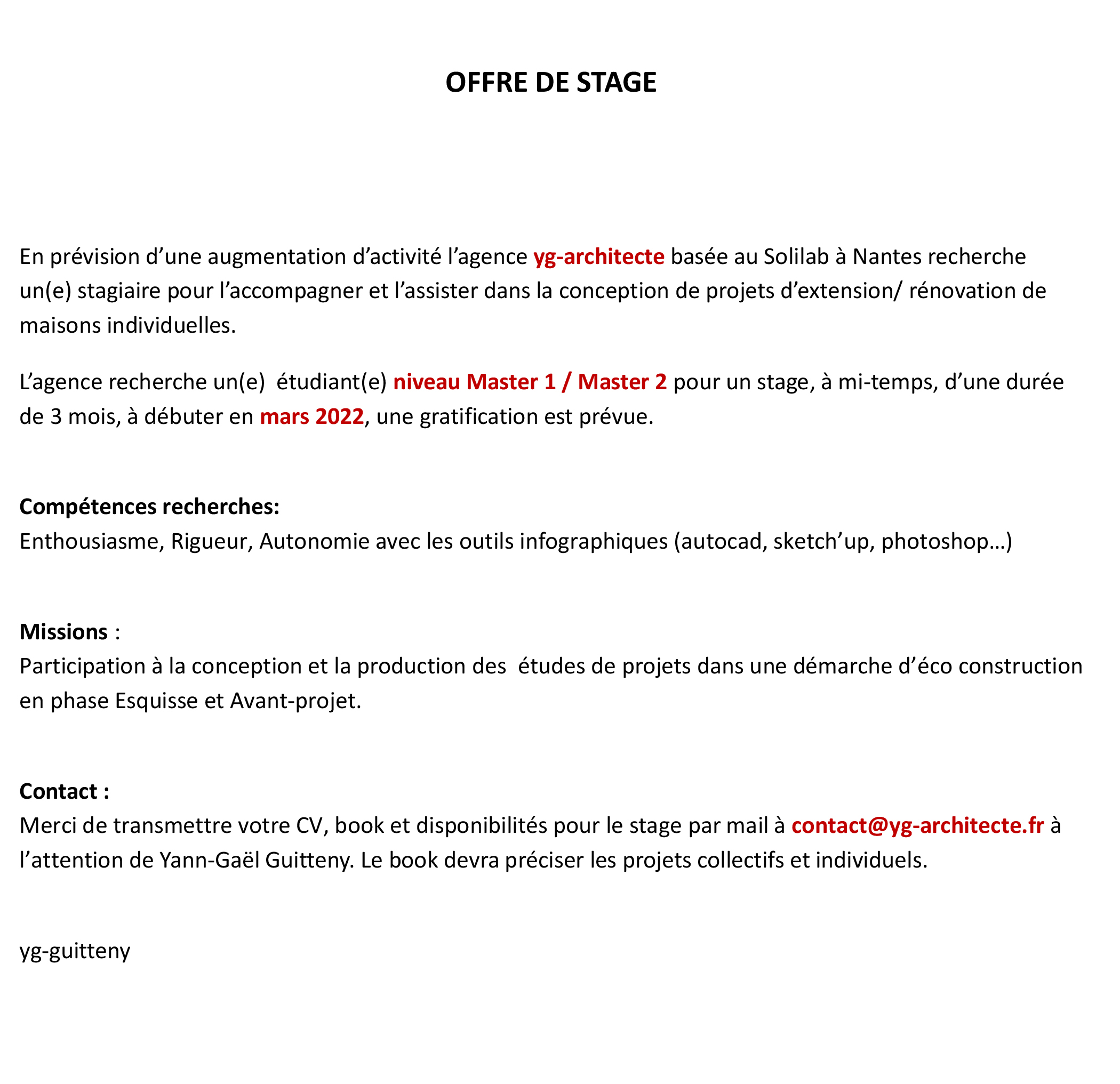 en temps partiel à Nantes sur des projets d’extension/ rénovation